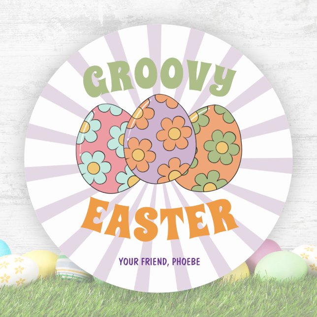 Adesivo Redondo Festa de Páscoa do Groovy Retro Roxo (Cute Purple Retro Groovy Easter Party Classic Round Sticker)