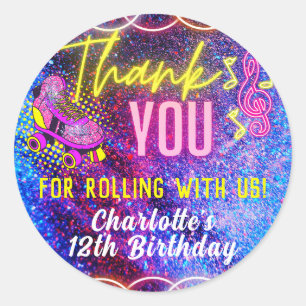 Adesivo Redondo Festa de patinagem da menina rosa-neon Obrigado