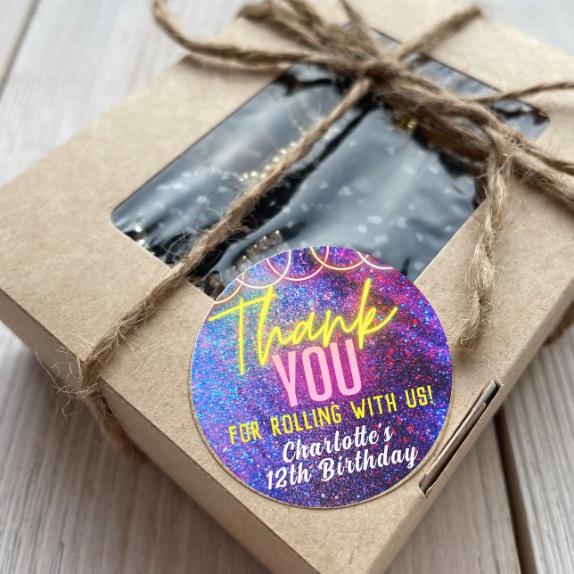 Adesivo Redondo Festa de patinagem da menina rosa-neon Obrigado (Criador carregado)