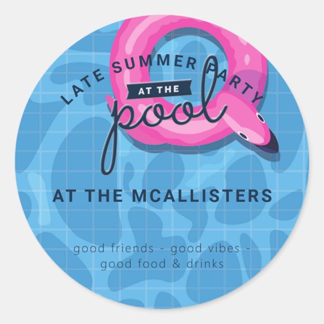 Adesivo Redondo Festa de Piscina Adulta no Verão Atrasado (Frente)