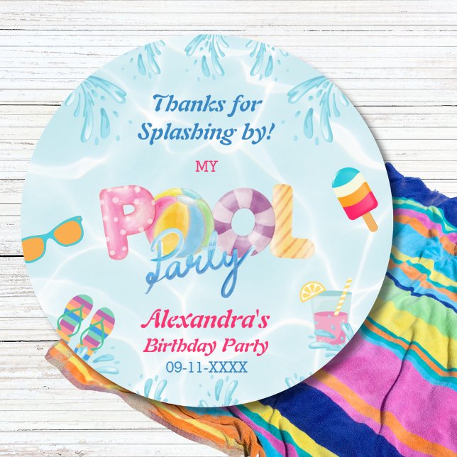 Adesivo Redondo Festa de Piscina de Meninas Aniversário Favorável  (Criador carregado)
