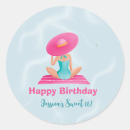 Adesivo Redondo Festa de Piscina de Verão Divertida Aquarela 16