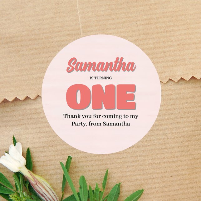 Adesivo Redondo Festa de Primeira Rapariga Rosa Floral (First Birthday Party Pink Custom Sticker)