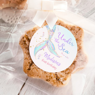 Adesivo Redondo Festa de primeiro aniversario da Piscina Mermaid S