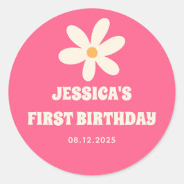 Adesivo Redondo Festa de primeiro aniversario das Crianças Rosa Qu