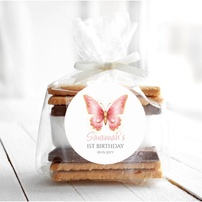 Adesivo Redondo Festa de primeiro aniversario de borboleta rosa-br (butterfly 1st birthday favor tags gift tag)