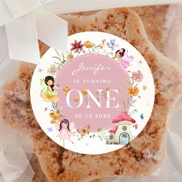 Adesivo Redondo Festa de primeiro aniversario de Fada de Flor Selv