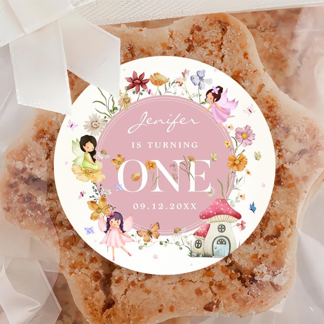 Adesivo Redondo Festa de primeiro aniversario de Fada de Flor Selv (Criador carregado)