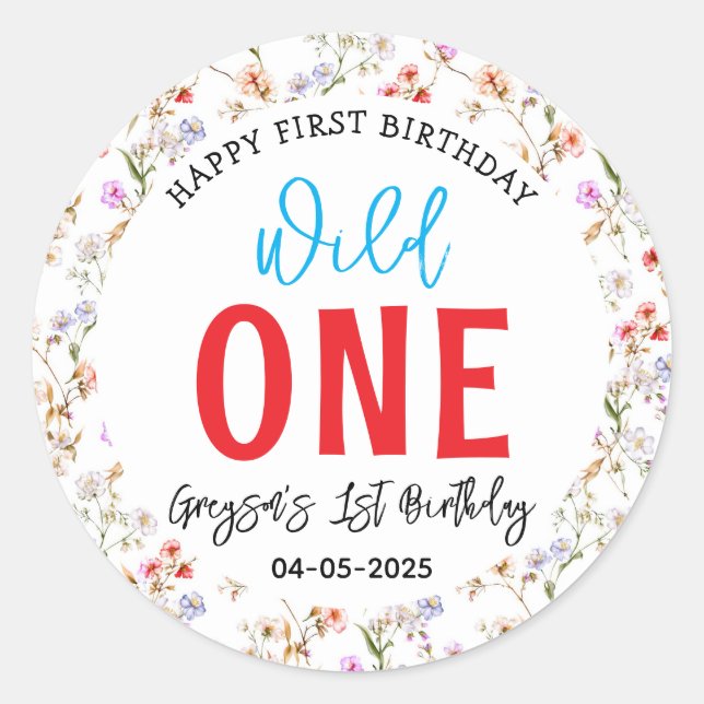 Adesivo Redondo Festa de primeiro aniversario de Flores Selvagens (Frente)