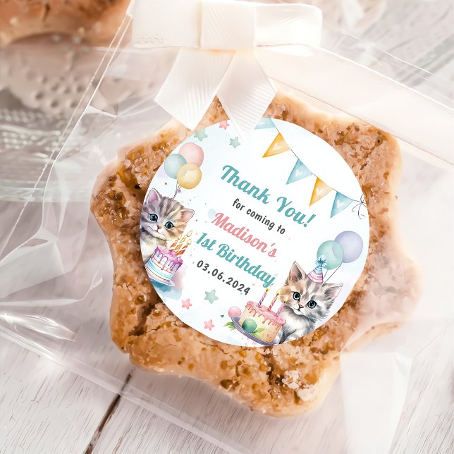 Adesivo Redondo Festa de primeiro aniversario de Gato Gatinho (Criador carregado)