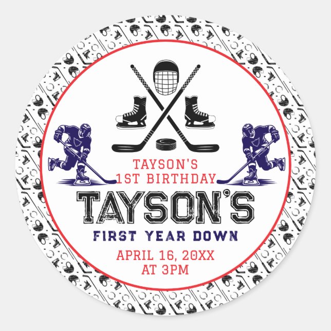Adesivo Redondo Festa de primeiro aniversario de Hóquei no Jogo (Frente)