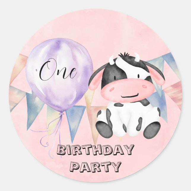 Adesivo Redondo Festa de primeiro aniversario de Moo Cow Girl (Frente)