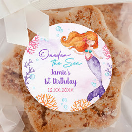 Adesivo Redondo Festa de primeiro aniversario de Sereia