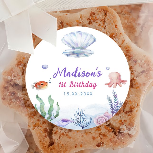 Adesivo Redondo Festa de primeiro aniversario de Sereia (Criador carregado)