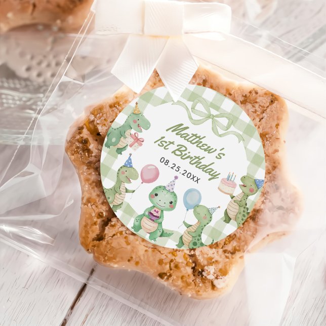 Adesivo Redondo Festa de primeiro aniversario do Dinossaur Gingham (Criador carregado)