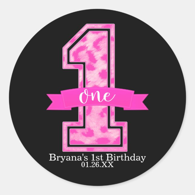 Adesivo Redondo Festa de primeiro aniversario Rosa Leopardo Cheeta (Frente)