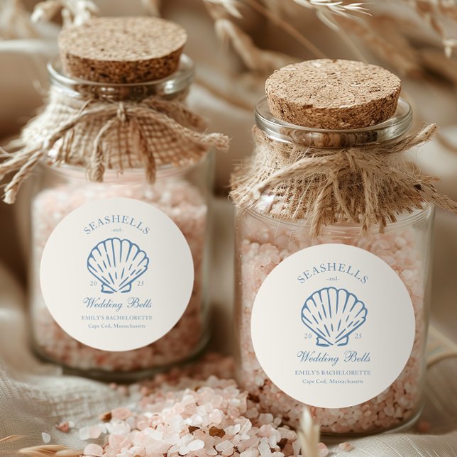 Adesivo Redondo Festa de solteira de Conchas e Sinos de Casamento (Criador carregado)
