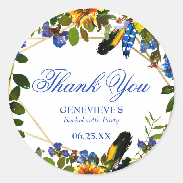 Adesivo Redondo Festa de solteira Floral Elegante Blue Boho (Frente)