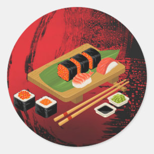 Adesivo Redondo Festa de Sushi Preto e Vermelho Moderna e Elegante