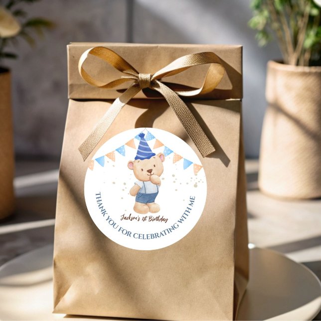 Adesivo Redondo Festa de ursinho de pelúcia personalizada (Boys teddy bear birthday party thank you favor sticker personalized customized favor stickers)