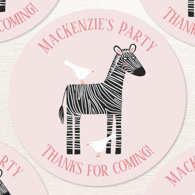 Adesivo Redondo Festa de Zebra Custa Obrigado (Fun pink zebra custom text personalized kids birthday party thank you sticker)