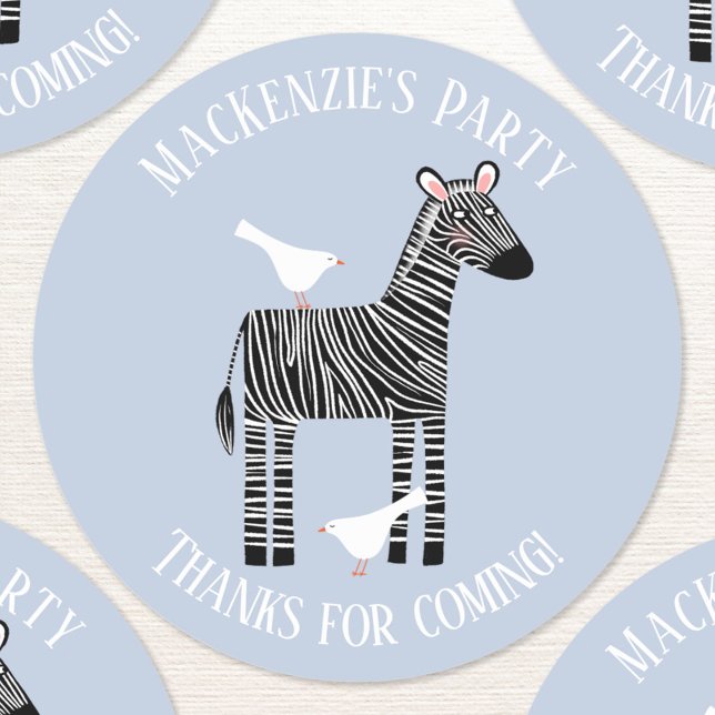 Adesivo Redondo Festa de Zebra Safari Custa Obrigado (Cute zebra custom text personalized kids birthday party thank you sticker)