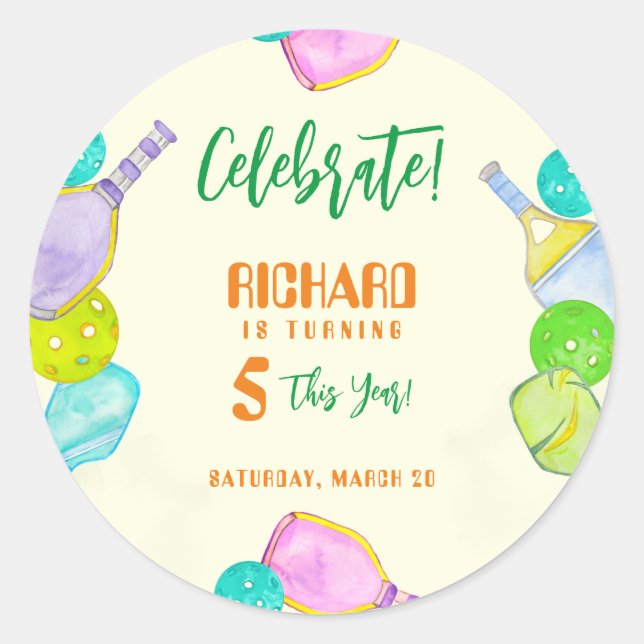 Adesivo Redondo Festa Desportiva Pickleball em Aquarela Pensava An (Frente)