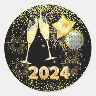 Adesivo Redondo Festa Dourada de Ano Novo, 2023, em preto