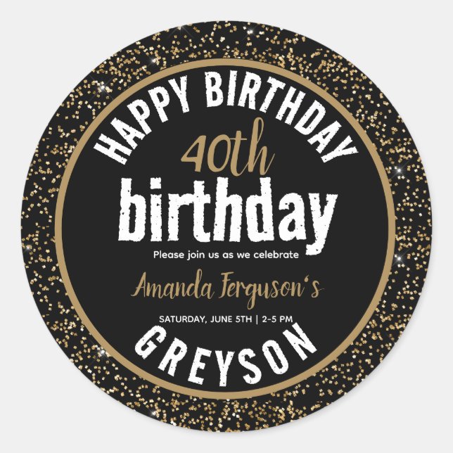 Adesivo Redondo Festa Elegante de aniversário de 40 anos Preto e D (Frente)