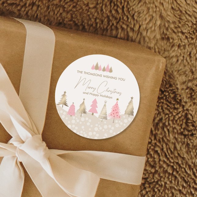 Adesivo Redondo Festa Elegante de Pinheiros Dourados, Rosa, de inv (Criador carregado)