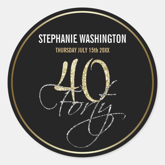 Adesivo Redondo Festa Formal de Prata Preta e Dourada de aniversár (Frente)