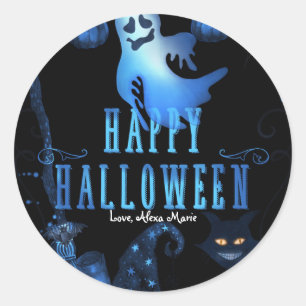 Adesivo Redondo Festa Mágica de Halloween Favor Luz Azul Gato Pret
