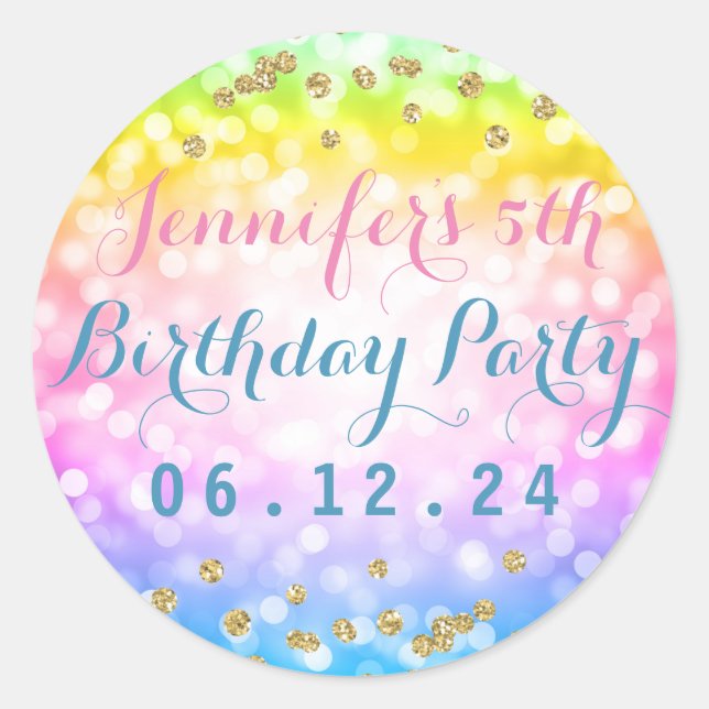 Adesivo Redondo Festa Magnética do Aniversário de criança Rainbow  (Frente)