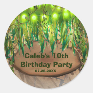 Adesivo Redondo Festa na JUNGLE Favor de festa com estampa de folh