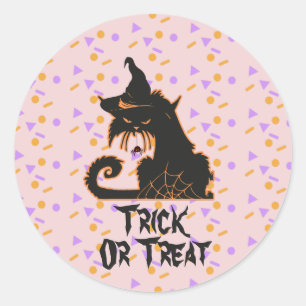Adesivo Redondo Festa Negra de Gato de Halloween, Confetti, Rosa