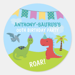 Adesivo Redondo Festa Personalizada de Dinossauro Fofa