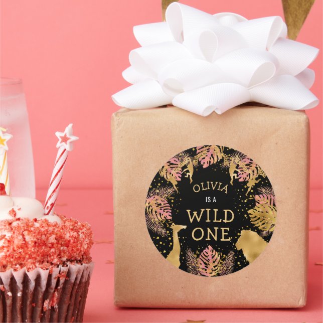 Adesivo Redondo Festa primeiro aniversario Rosa Dourada Safari Pre (Festa)