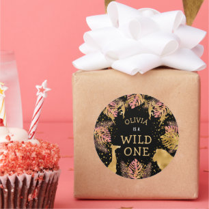 Adesivo Redondo Festa primeiro aniversario Rosa Dourada Safari Pre