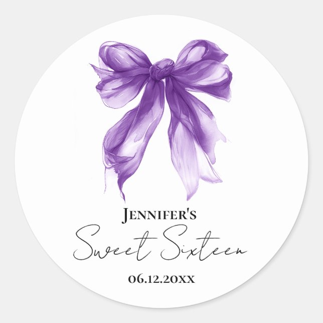 Adesivo Redondo Festa Purple Bow Coquette Script Sweet 16  (Frente)