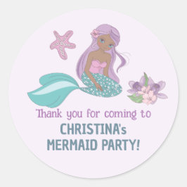 Adesivo Redondo Festa Sereia Menina Negra Aniversário Pastel Roxo