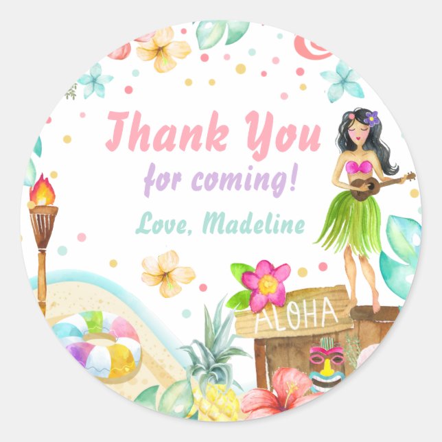 Adesivo Redondo Festa Tropical de Aniversário Luau Havaiano Pastel (Frente)