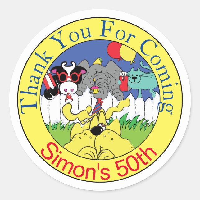 Adesivo Redondo Festas de animais festas de aniversário engraçadas (Frente)