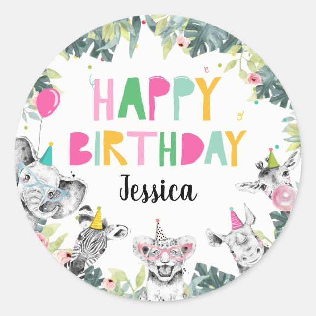 Adesivo Redondo Festas de animais Safari Festa de aniversário C (Frente)