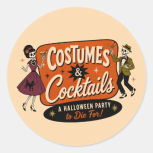 Adesivo Redondo Festas de Halloween com Roupas Vintage e Coquetéis