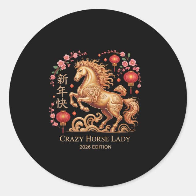 Adesivo Redondo Festive 2026 New Year Crazy Horse Lady Fortune Cow (Frente)