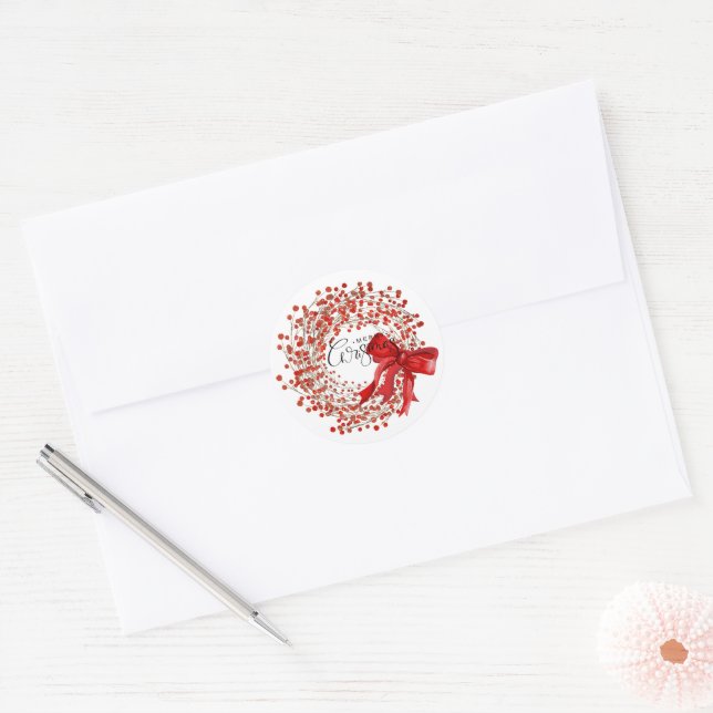Adesivo Redondo Festive Classic Red Berry Wreath Merry Christmas  (Envelope)
