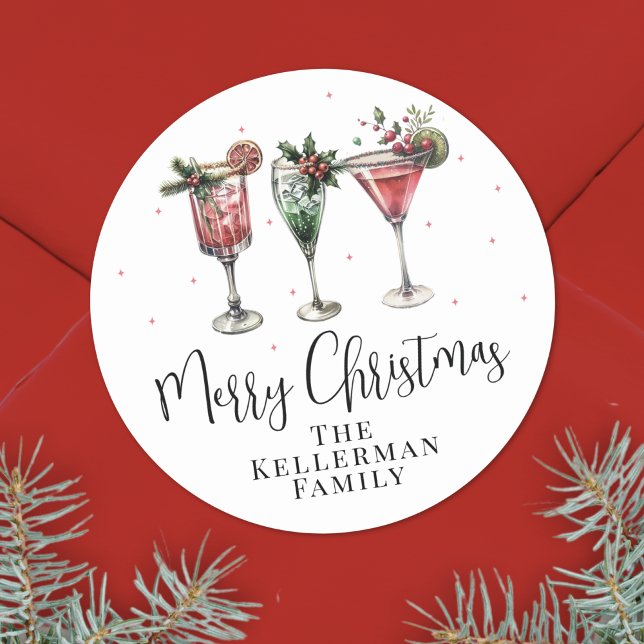 Adesivo Redondo Festive Cocktails Merry Christmas (Festive Cocktails Merry Christmas Classic Round Sticker)