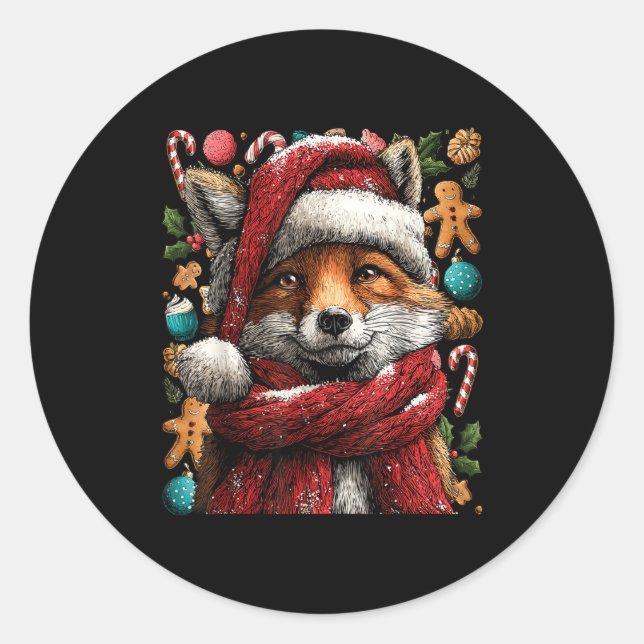 Adesivo Redondo Festive Fox With Snow Santa Hat Winter Christmas A (Frente)