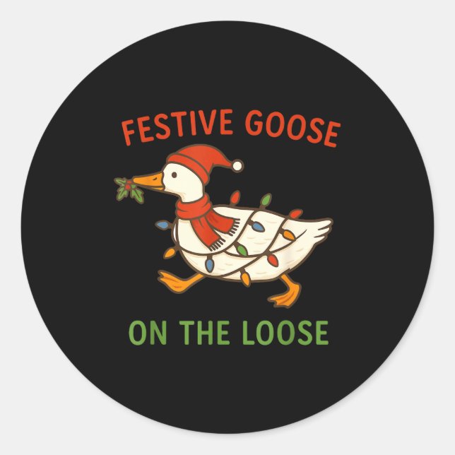 Adesivo Redondo Festive Goose On The Loose Christmas, Funny Christ (Frente)