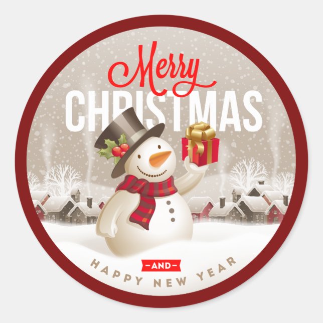 Adesivo Redondo Festive Snowman Holiday Sticker – Merry Christmas  (Frente)
